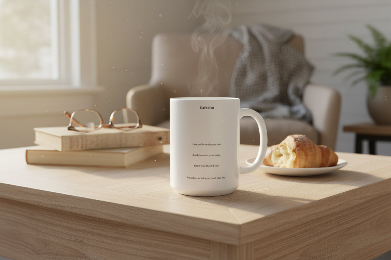 Cafecito Poetry Mug — Minimalist Ceramic Coffee Cup with 'Have coffee with your soul' Quote